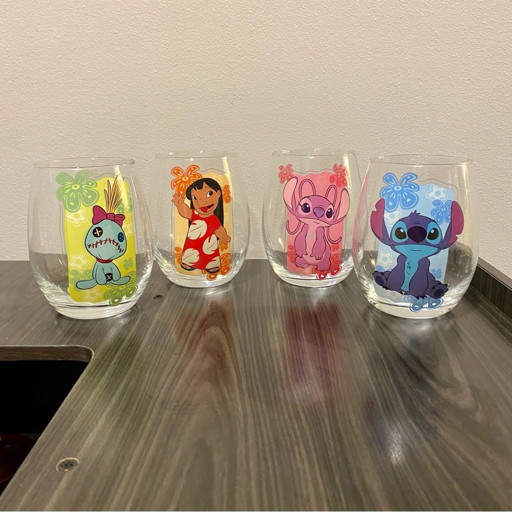 Disneys 4 pc Stitch Angel Lilo & Scrump 20oz Tear Drop Glass Set